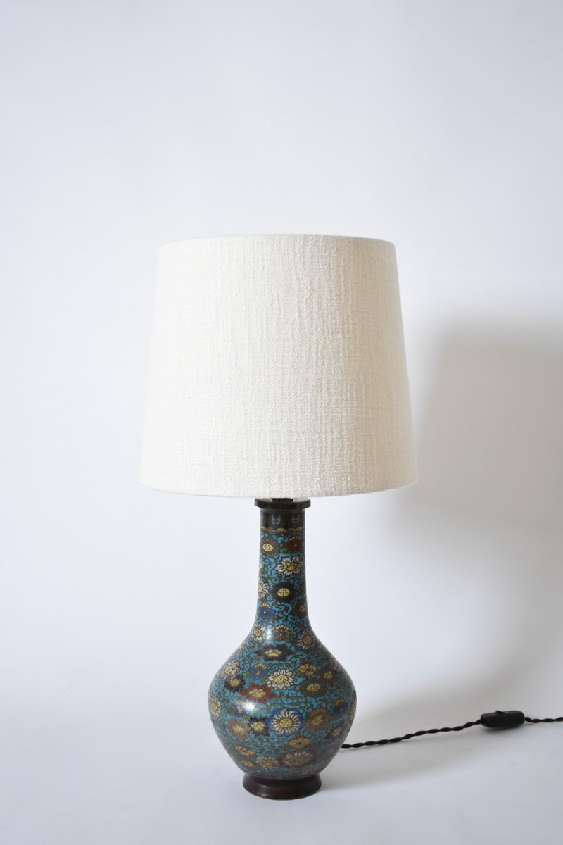 Paire de lampes en bronze cloisonné bleu, XIXe siècle.-photo-4