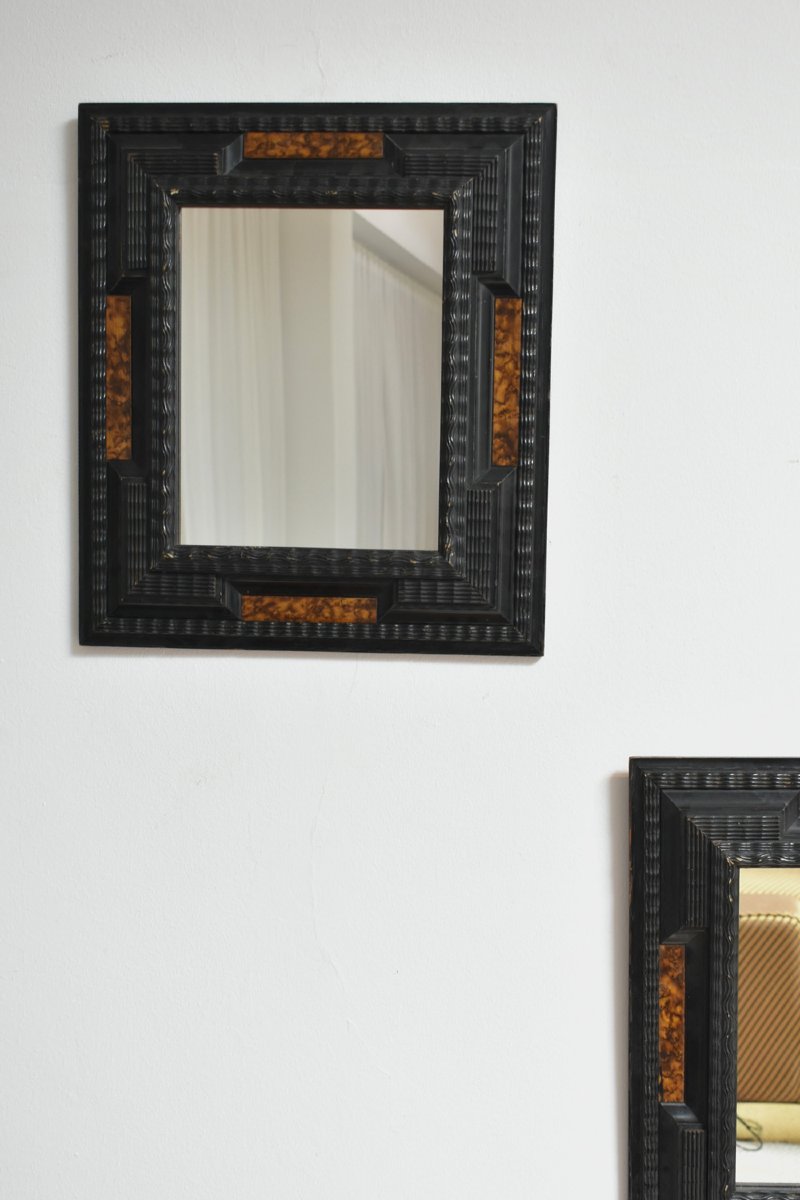Pair Of Carved Ebonised Wood And Trompe l'Oeil Turshell Mirrors, XIXth C.-photo-4