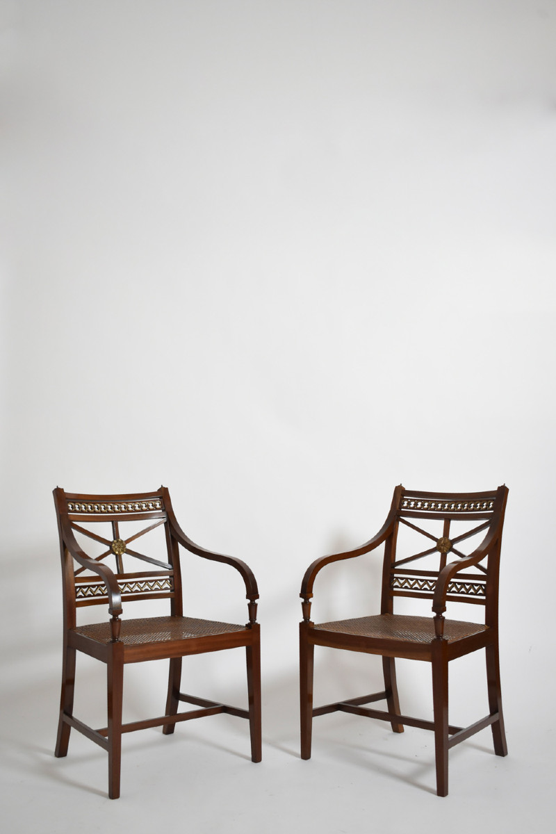 Pair Of Neoclassical Mahogany And Canning Armchairs, XIXth C.