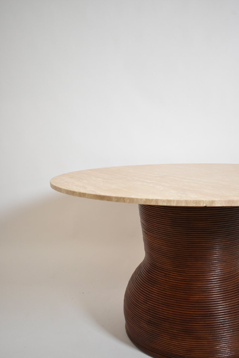 Rattan And Travertine Round Dining Table, 1970s.-photo-1