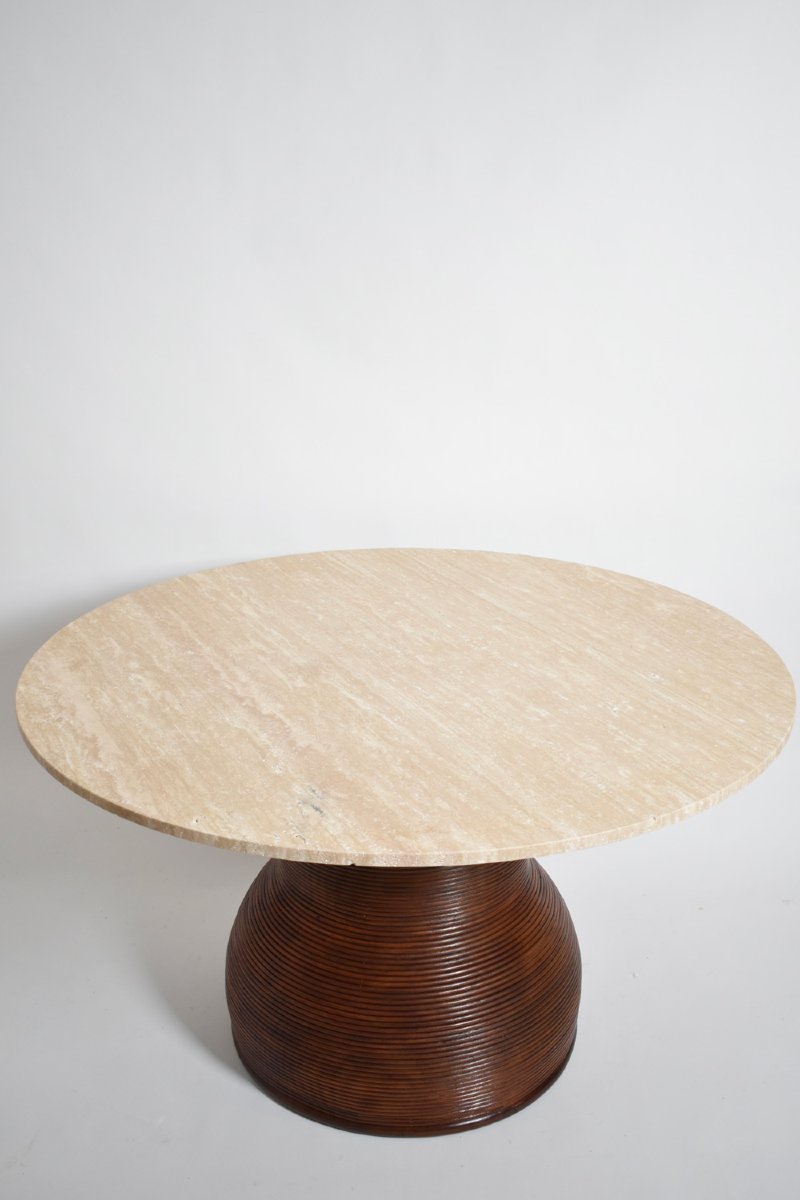 Rattan And Travertine Round Dining Table, 1970s.-photo-2