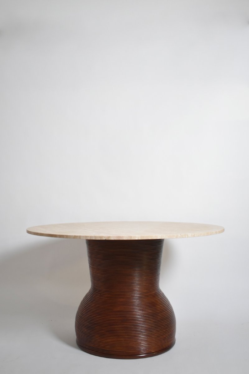 Rattan And Travertine Round Dining Table, 1970s.-photo-4
