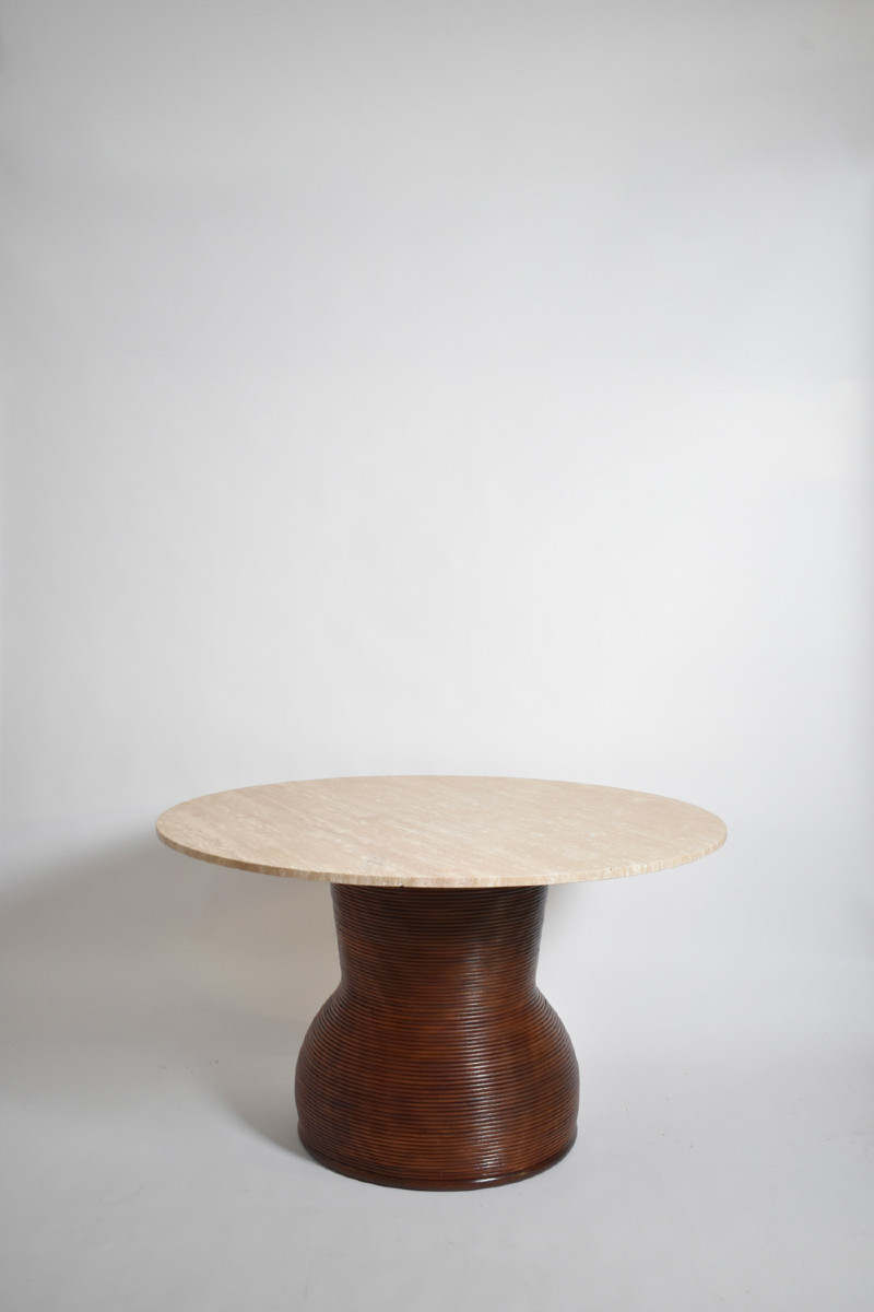 Rattan And Travertine Round Dining Table, 1970s.