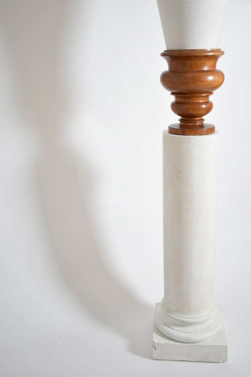 Pair Of Plaster Columns And Wooden Lamps Vases.-photo-2