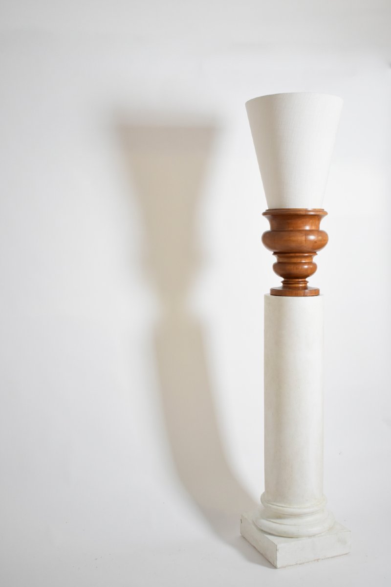 Pair Of Plaster Columns And Wooden Lamps Vases.-photo-3