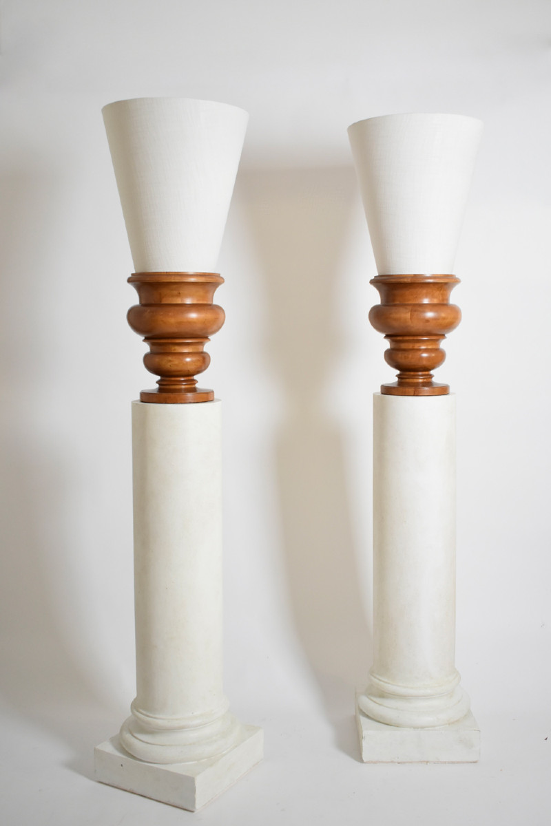 Pair Of Plaster Columns And Wooden Lamps Vases.