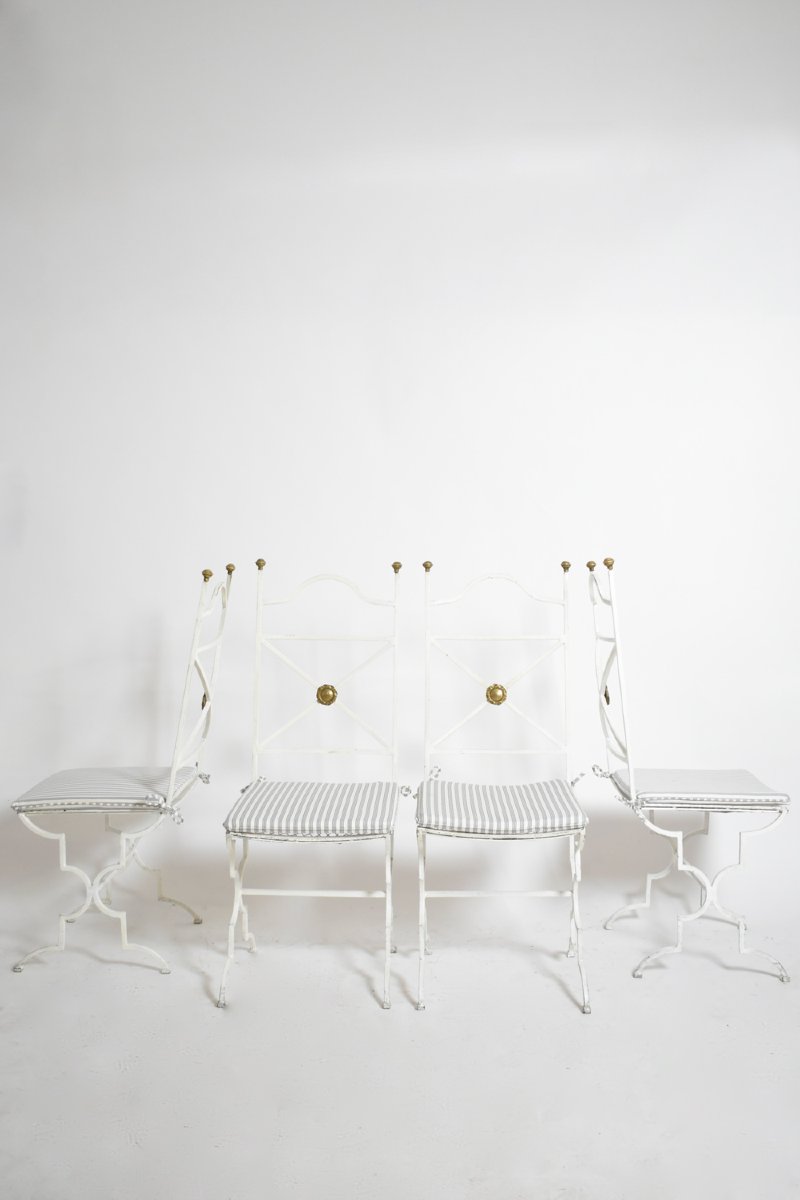 Set Of 4 White Lacquered Wrought Iron Chairs, 1940s