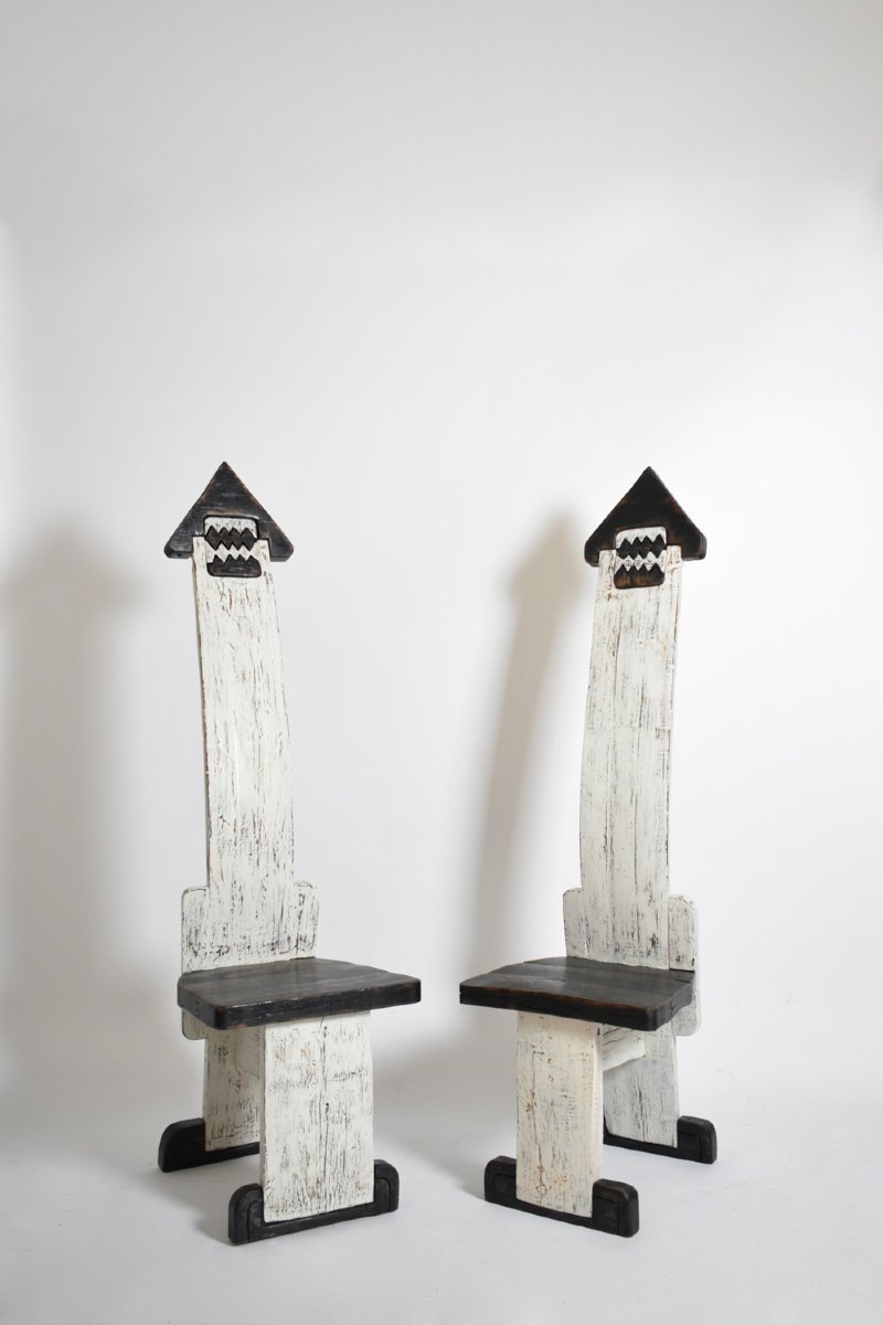 Pair Of Bicolor Tainted Wood Chairs Totems, 1980s