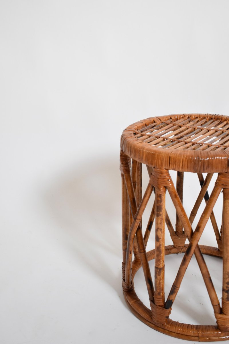 Pair Of Rattan Cylindrical Stools, 1960s-photo-2