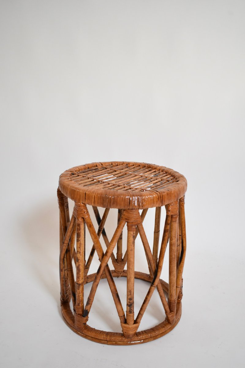Pair Of Rattan Cylindrical Stools, 1960s-photo-3