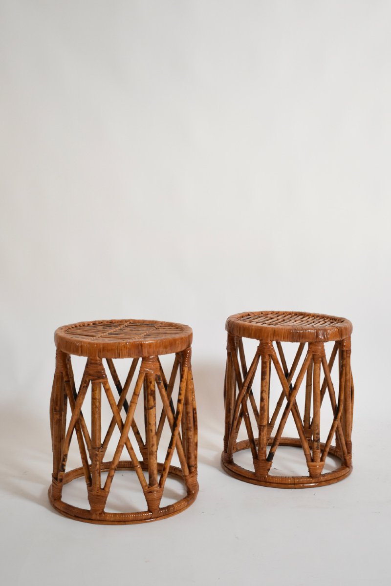 Pair Of Rattan Cylindrical Stools, 1960s