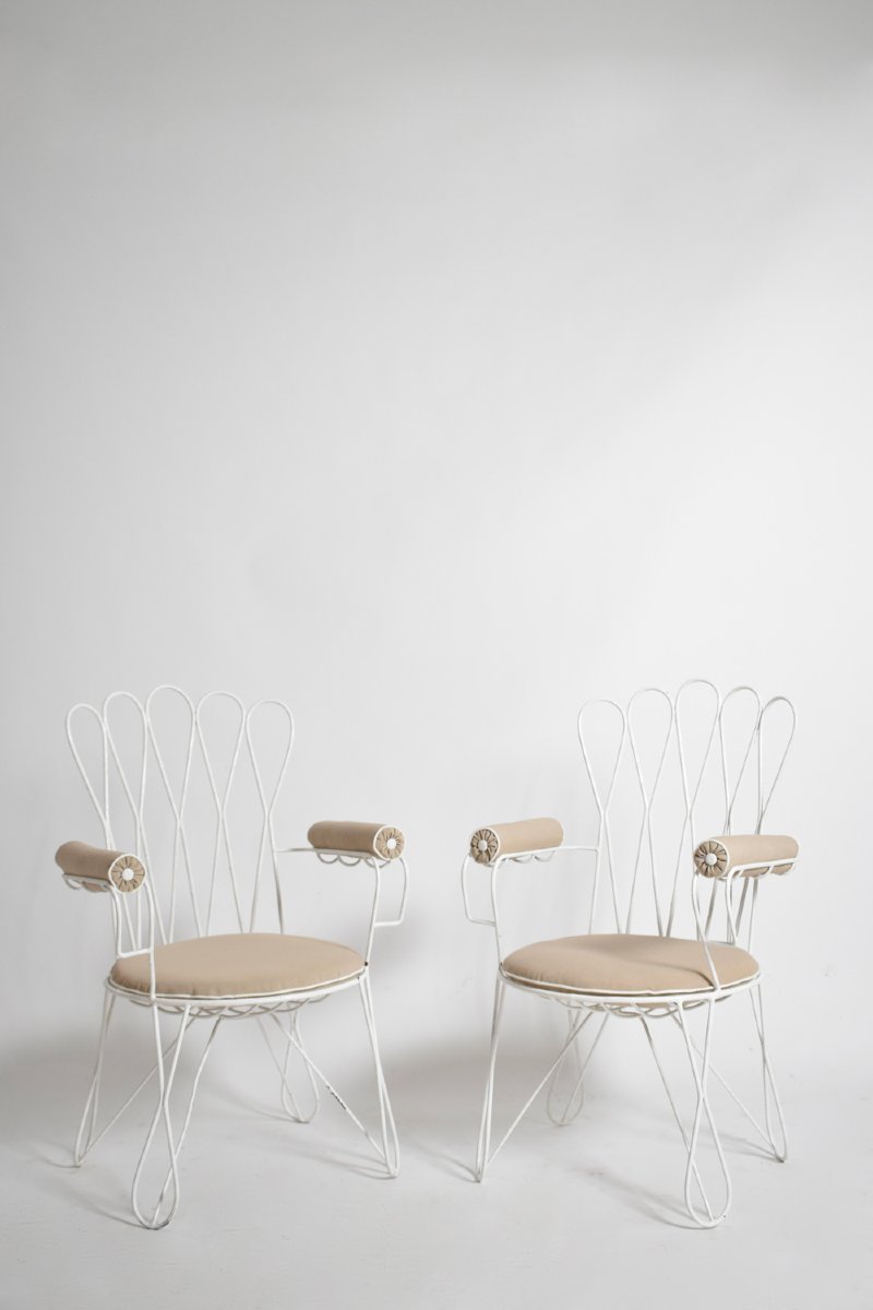 Paire de chaises de jardin en fer forgé blanc, années 1960