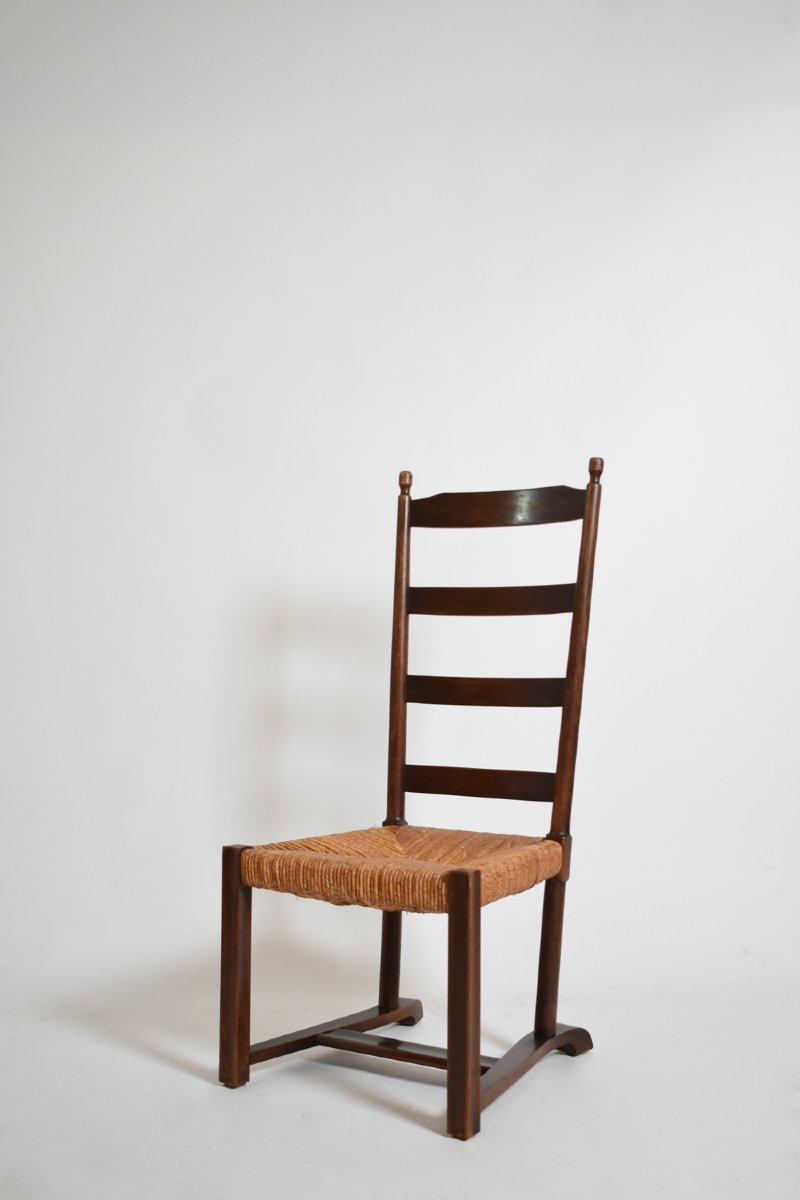 Fauteuil bas en bois et paille, années 1950.-photo-1