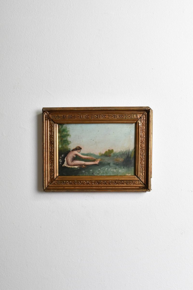 Peinture symboliste représentant une baigneuse nue, années 1900.