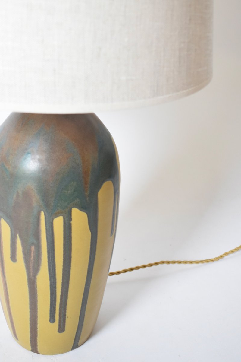 Pair Of Ochre And Brown Glaze Drips Lamps, 1930s.-photo-2