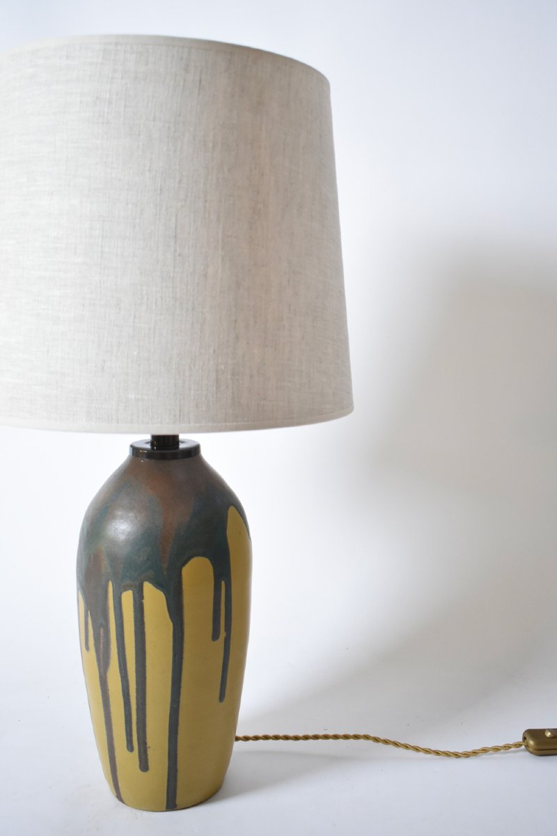 Pair Of Ochre And Brown Glaze Drips Lamps, 1930s.-photo-3