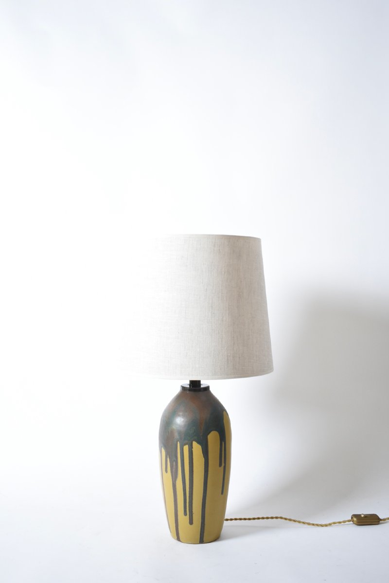 Pair Of Ochre And Brown Glaze Drips Lamps, 1930s.-photo-1