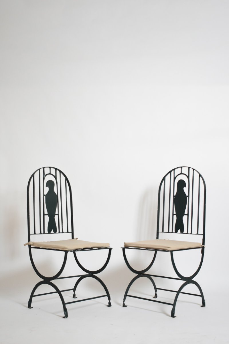 Paire de fauteuils « cage à oiseaux » en fer forgé, années 1960.