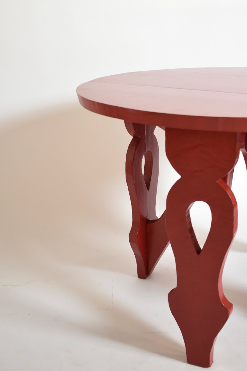 Burgundy Red Rustic Round Table, 1920s.-photo-2