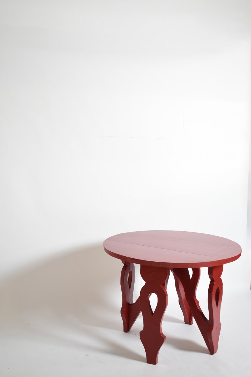 Burgundy Red Rustic Round Table, 1920s.-photo-3