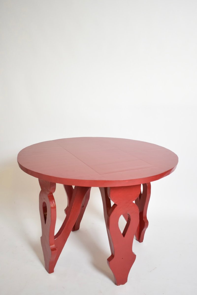 Burgundy Red Rustic Round Table, 1920s.-photo-4
