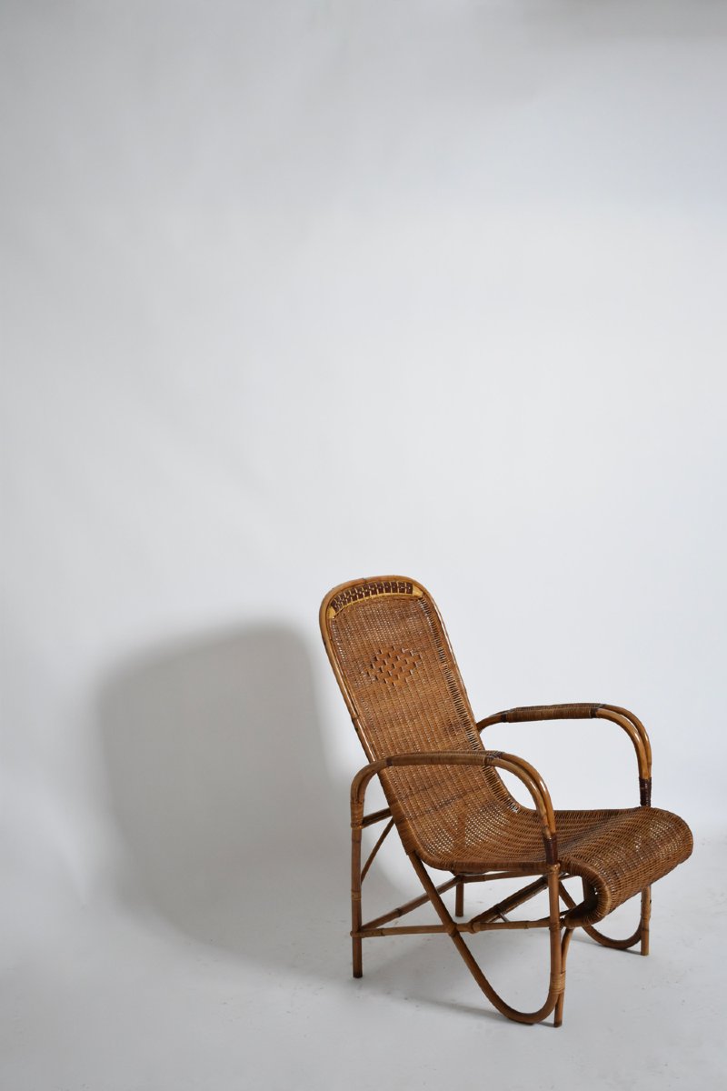 Rattan And Wicker High Back Armchair, 1950s.-photo-3