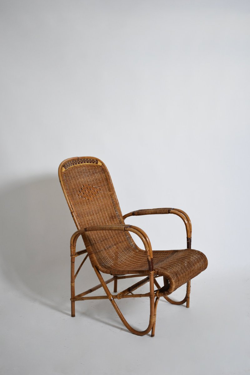 Rattan And Wicker High Back Armchair, 1950s.
