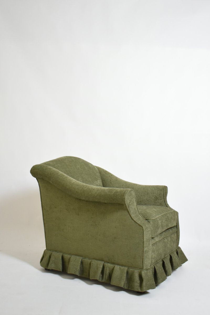 Pair Of Green Fabric Fringe Armchairs, 1940s.-photo-2
