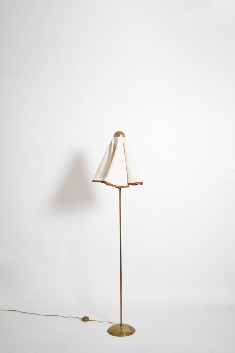 Brass, Fabric And Leather Floor Lamp, 1960s.