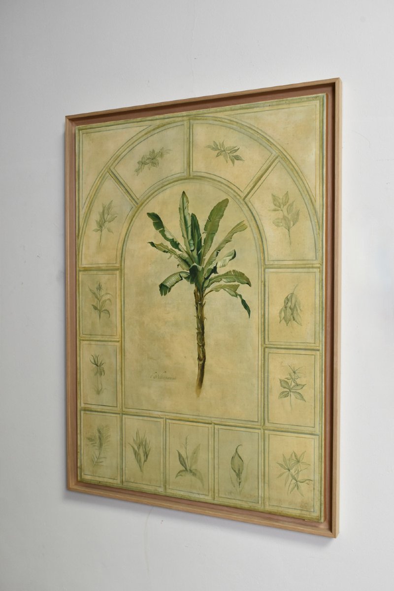 Peinture représentant un palmier, huile sur panneau, années 1970.-photo-2