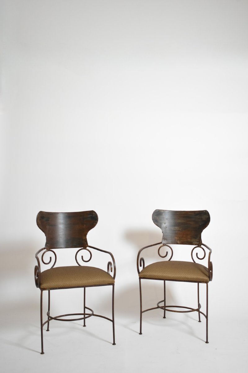 Pair Of Antique Style Wrought Iron Armchairs, XIXth C.