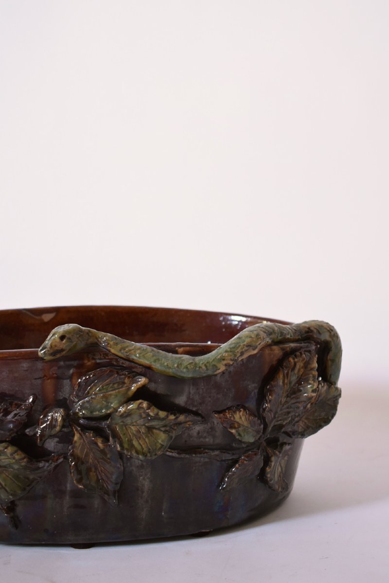 Brown And Green Low Relief Ceramic Planter, 1950s.-photo-2