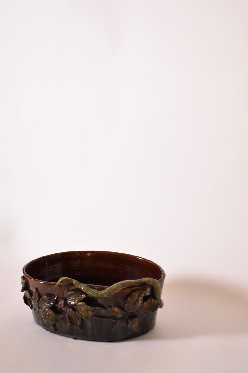 Brown And Green Low Relief Ceramic Planter, 1950s.-photo-3