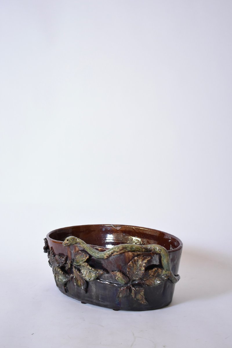 Brown And Green Low Relief Ceramic Planter, 1950s.-photo-4