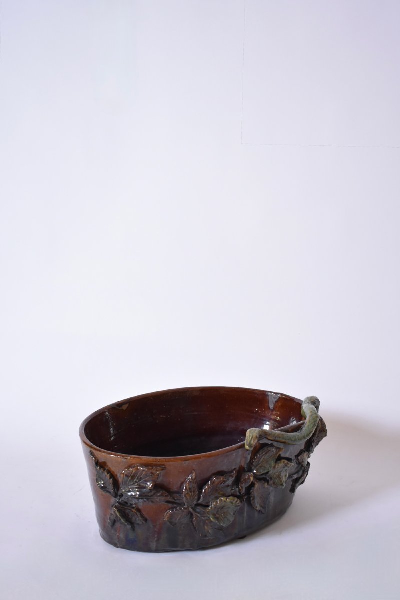 Brown And Green Low Relief Ceramic Planter, 1950s.-photo-1