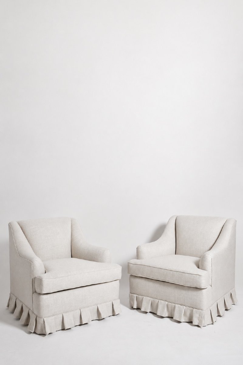 Pair Of Gray Fabric Fringe Armchairs, 1940s.