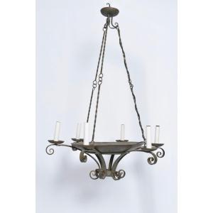 Lustre Suspension Vert En Fer Forgé, Années 40.
