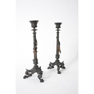 Pair Of Zoomorphic Bronze Candle Holders, XIXth C.