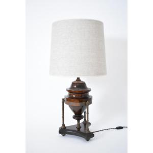 Lampe Balustre En Bois Et Laiton, Années 1910.