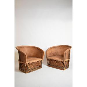 Pair Of Large Wood And Leather Mexican Armchairs, 1970s