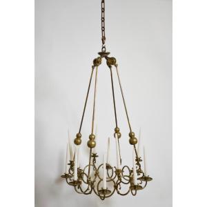 Lustre de plafond en bronze et laiton à 12 bougies, XIXᵉ siècle