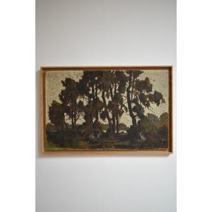 Lively Forest Landscape Oil On Panel, 1920s