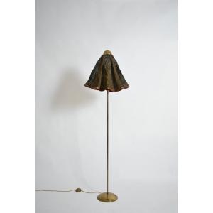 Brass, Brass Fabric And Leather Floor Lamp, 1960s.