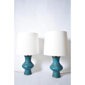 Paire de lampes en céramique turquoise à fût balustre, années 1910.
