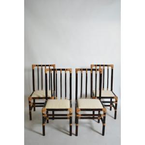 Set Of Four Bicolor Rattan Chairs, 1970s