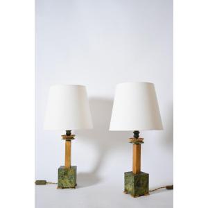 Pair Of Marble Trompe l'Oeil Wooden Lamps, 1940s.