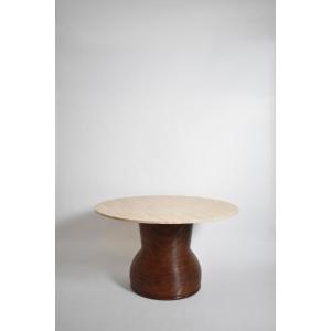 Rattan And Travertine Round Dining Table, 1970s.
