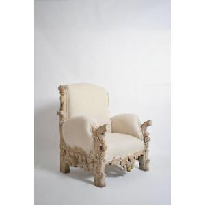 Carved Limed Oak Fruits And Foliage Armchair, 1970s.
