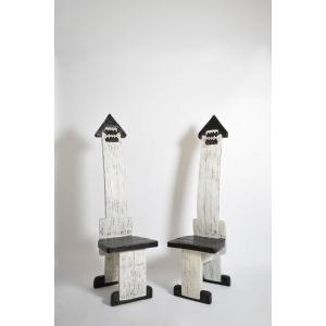 Pair Of Bicolor Tainted Wood Chairs Totems, 1980s