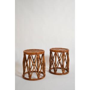 Pair Of Rattan Cylindrical Stools, 1960s